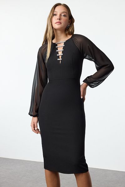 Trendyol Collection Μαύρο μανίκι Λεπτομερές υφαντό κομψό μίντι βραδινό φόρεμα νυχτερινής αποφοίτησης TPRAW25EL00045