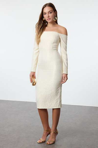 Trendyol Collection Rochie de seară midi țesută cu guler Carmen auriu Rochie de absolvire de noapte TPRAW25EL00044