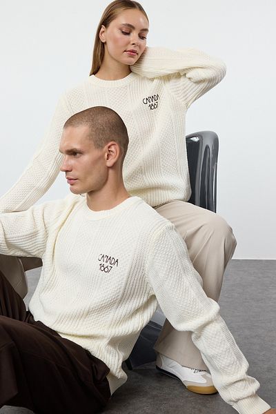 Trendyol Collection Ecru Hair Knitted Crew Neck Knitwear πουλόβερ - TMNAW25KZ00040