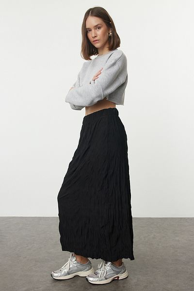 Trendyol Collection Flexible Pleated Detailed Black Maxi Knitted Skirt - TWOAW25ET00016