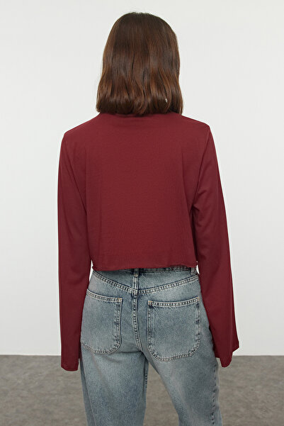 Trendyol Collection Claret Red Crop Crew Neck T-shirt - 100% βαμβάκι, φαρδιά εφαρμογή Twoaw22ts0042