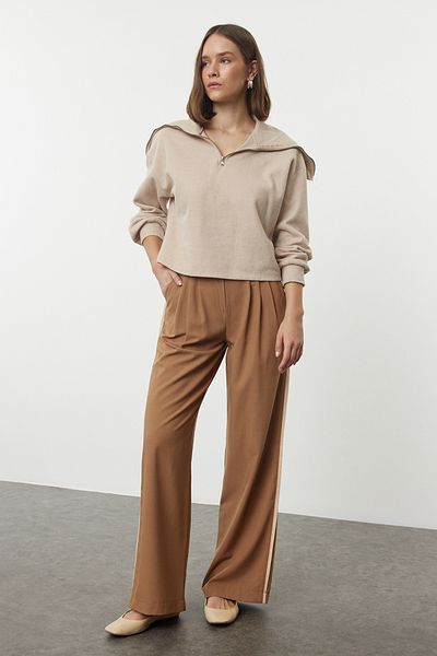 Trendyol Collection Brown Linen Trousers with Wide Leg and Side Stripe Detail - TWOAW25PL00028