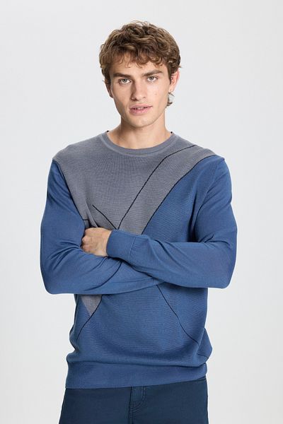 ALTINYILDIZ CLASSICS Men's Indigo-Gray Wool Standard Fit Regular Cut Crew Neck Patterned Knitwear Sweater