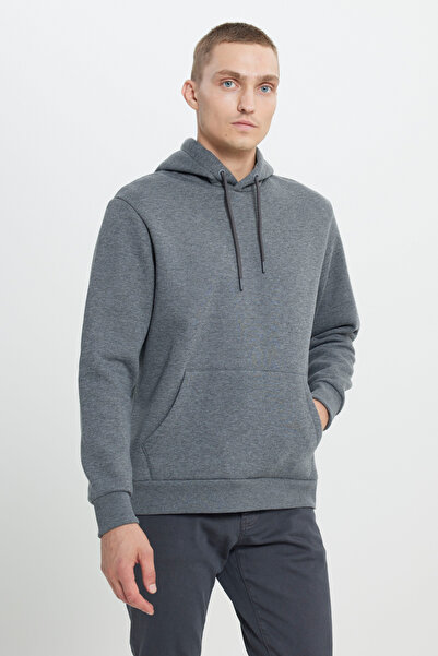 AC&Co / Altınyıldız Classics Men's Anthracite-melange Standard Fit 3 Thread Hooded Cotton Sweatshirt with Fleece Inside