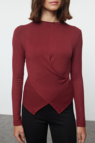 Trendyol Collection Pletená halenka Claret Red Slim Fit – dvojitý řadový a závěsný detail, na tělo Twoaw25bz00216