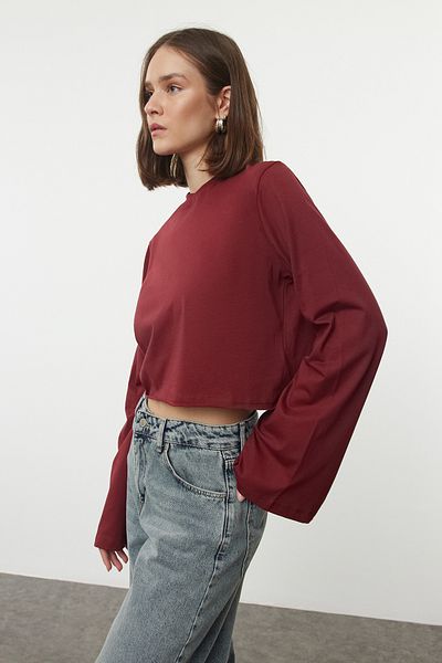 Trendyol Collection Tricou cu gât roșu Claret Crop - 100% bumbac, cu croiala largă TWOAW22TS0042