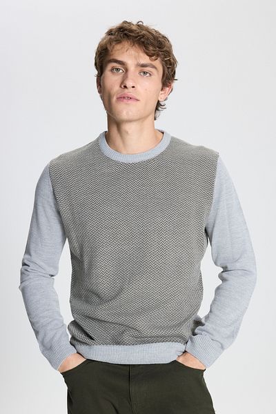 ALTINYILDIZ CLASSICS Gemusterter Strickpullover für Herren in Grau-Khaki mit normaler Passform und normalem Schnitt und Rundhalsausschnitt