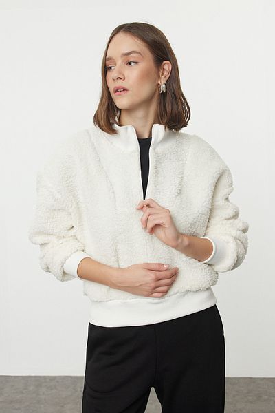 Trendyol Collection Плюшен суичър Ecru - с цип, широка кройка, дебел плетен Twoaw25sw00025