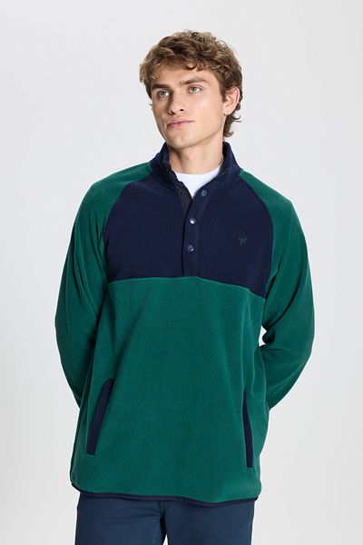 AC&Co / Altınyıldız Classics Herren-Fleece-Sweatshirt in Grün-Marineblau mit Standard-Passform und normalem Schnitt und Stehkragen und Bato-Kragen