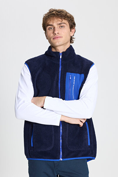 AC&Co / Altınyıldız Classics Marineblaue Sherpa-Fleece-Weste für Herren mit normaler Passform und Stehkragen
