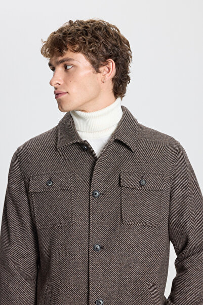 ALTINYILDIZ CLASSICS Ανδρικό καφέ-μπεζ μάλλινο Comfort Fit Χαλαρό πουκάμισο με γιακά με μοτίβο χειμωνιάτικο μπουφάν