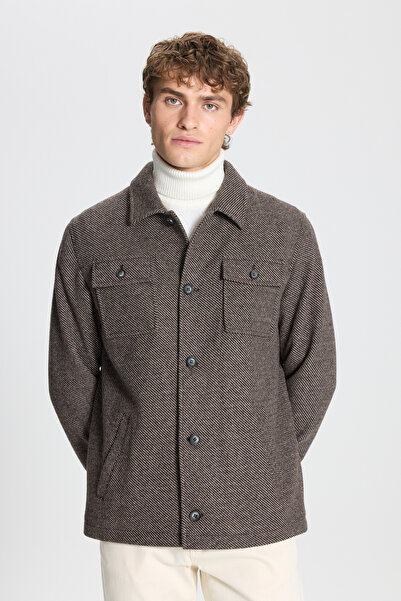 ALTINYILDIZ CLASSICS Ανδρικό καφέ-μπεζ μάλλινο Comfort Fit Χαλαρό πουκάμισο με γιακά με μοτίβο χειμωνιάτικο μπουφάν