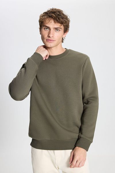 AC&Co / Altınyıldız Classics Pánská khaki mikina standardního střihu, normální střih, 3 vlákna, výstřih, bavlněná mikina s vnitřním fleecem