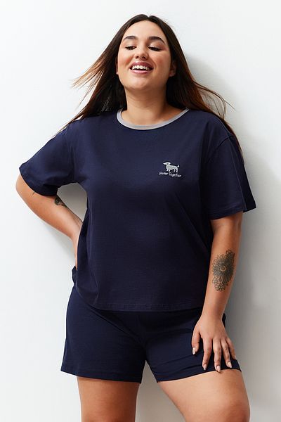 Trendyol Curve Navy Blue Embroidery Detailed Knitted Couple Pajamas Set TBBSS24AI00042