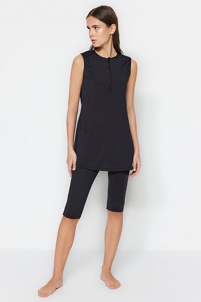 Trendyol Modest Halbgeschlossenes schwarzes Badeanzug-Set - Reißverschlussdetails TCTSS23CF00004