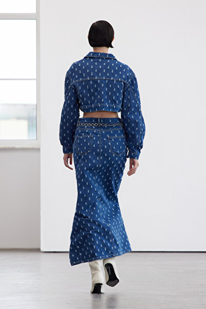 Trendyol Collection Limitált kiadású kék texturált hasított maxi farmerszoknya TWOAW25ET00058