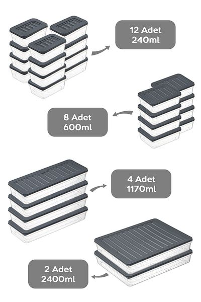 Meleni Home 26 Piece Anthracite Storage Set Suitable for Microwave and Diffraction - 2X2400Ml 4X1170Ml 8X600Ml 12X240Ml