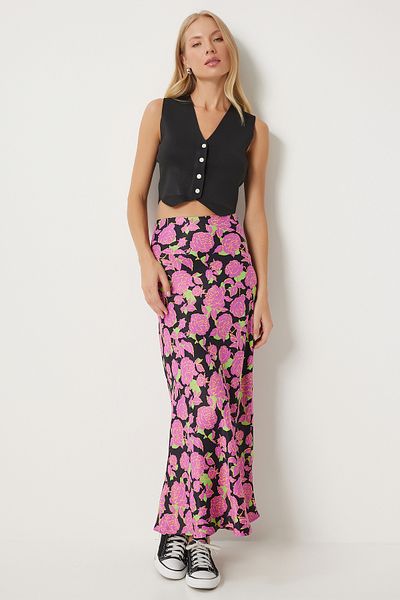 Happiness İstanbul Rosa-schwarzer Satin-Damenrock mit Blumenmuster – HK00041