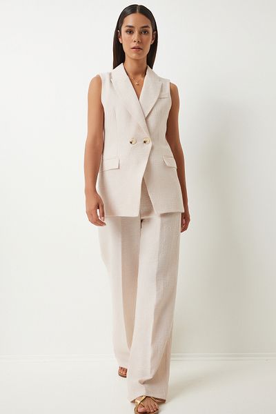 Happiness İstanbul Cremefarbenes Oversize-Damen-Weste- und Hosen-Set – Schalkragen FN03230