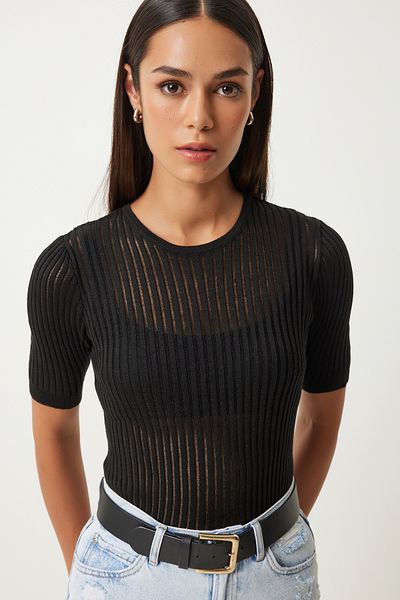 Happiness İstanbul Schwarze leichte Strickbluse – Transparentes Design FN03210