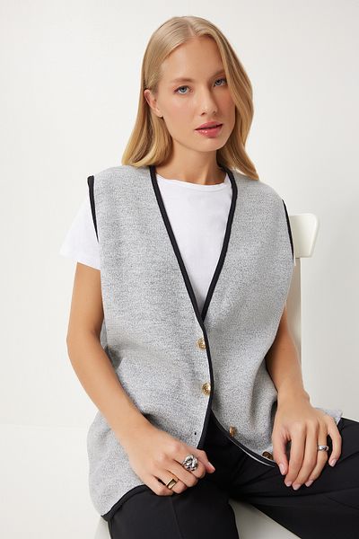 Happiness İstanbul Gray Knitwear Women's Vest - Buttoned, Us00928