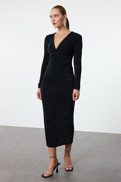Trendyol Collection Black-Green Glitter Knitted Stylish Evening Dress Night Graduation Dress Tpraw25El00063