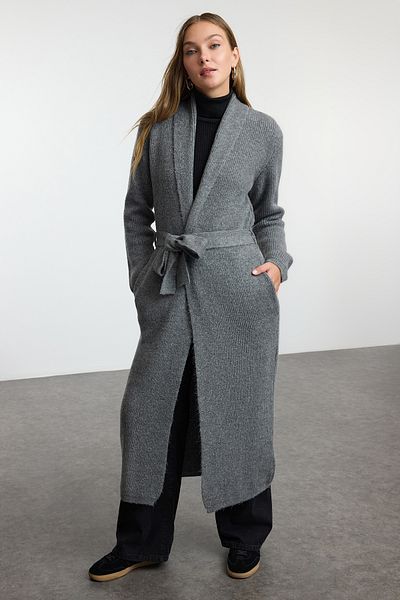 Trendyol Collection Wide Fit Anthracite Knitwear Cardigan - Maxi Coat Look Twoaw25Hi00075