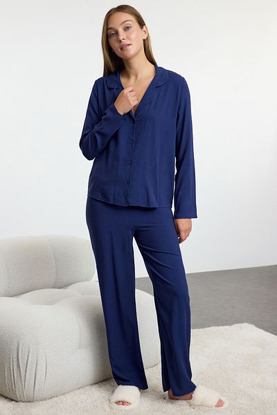 Trendyol Collection Viskóz szőtt sötétkék pizsama szett - THMAW25PT00114