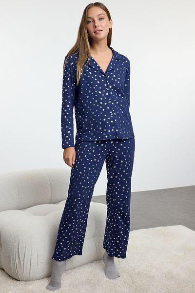 Trendyol Collection Farak csillagmintás 100% pamut sötétkék pizsama szett - THMAW25PT00126