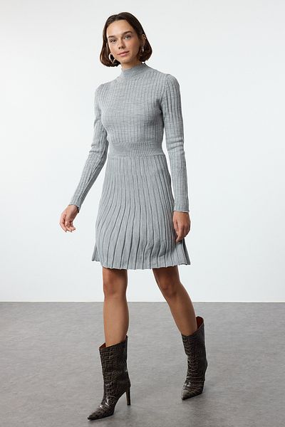 Trendyol Collection Gray Knitwear Ruffle Mini Dress - Stand Collar Twoaw25El00047