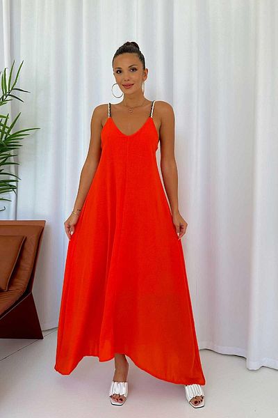 Mine Tan Butik Rochie portocalie lungă cu bretele subțiri cu decolteu în V