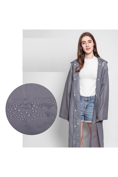 Kuzey 1 Pcs 1st Quality Gray Unisex Raincoat - Outdoor Raincoat with Hat and Snap Detail