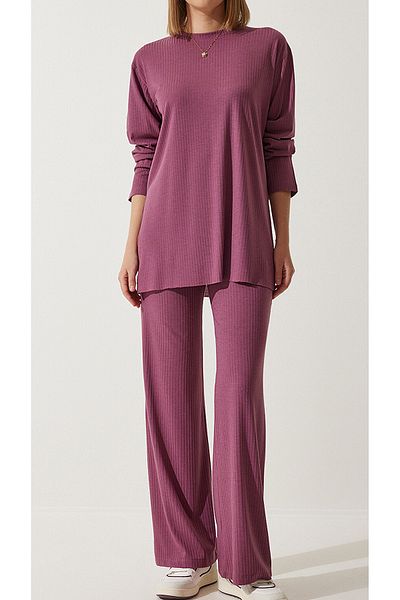 xpetrana Pink Oversize Knitwear Set - Very Comfortable Does Not Show Inside Ribbed Camisole Women's Bottom and Top Set