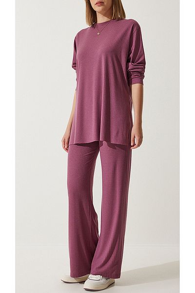xpetrana Pink Oversize Knitwear Set - Very Comfortable Does Not Show Inside Ribbed Camisole Women's Bottom and Top Set