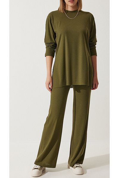 xpetrana Green Oversize Knitwear Set - Non-inner Looking Ribbed Camisole Women's Bottom and Top Set
