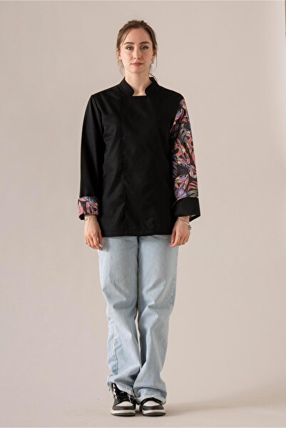 APP-RON C-19 COLOURFUL MONSTERA - Renkli Devetabanı Desenli Siyah Şef Ceketi ...