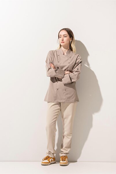 APP-RON C-14 CLASSIC - Bej Düğmeli Şef Ceketi Kadın