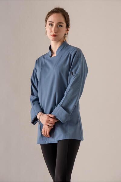 APP-RON C-21 Premium - Denim Blue White Striped Women's Chef Jacket