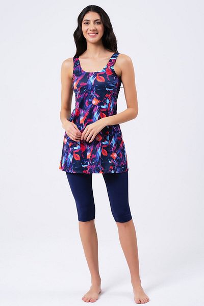 vawensea Women's Tights Patterned Dress Swimsuit Navy Blue (with Chest Pad)