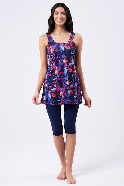 vawensea Women's Tights Patterned Dress Swimsuit Navy Blue (with Chest Pad)