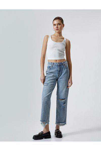 Koton Gerade Jeans mit geradem Bein, zerrissene Baumwolle, Standardbund – Eve Jean