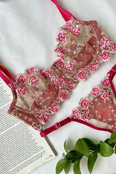 EMINNA Set de lenjerie intima cu brodat floral fuchsia