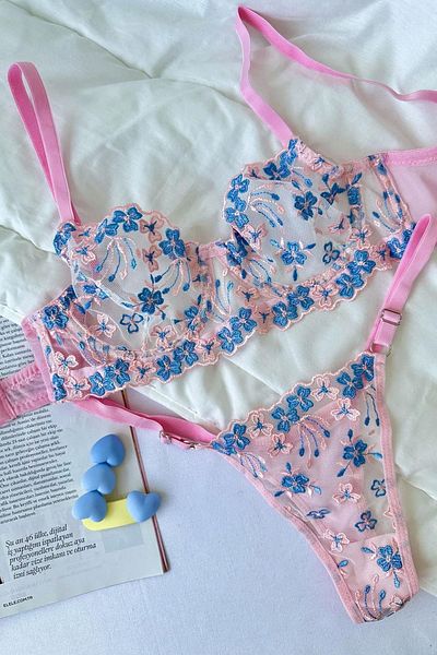 EMINNA Powder Colored Floral Embroidered Underwear Set
