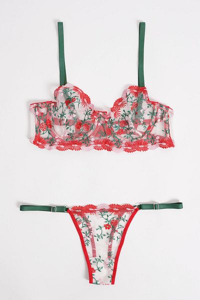 EMINNA Flower Patterned Red Color Underwear Set