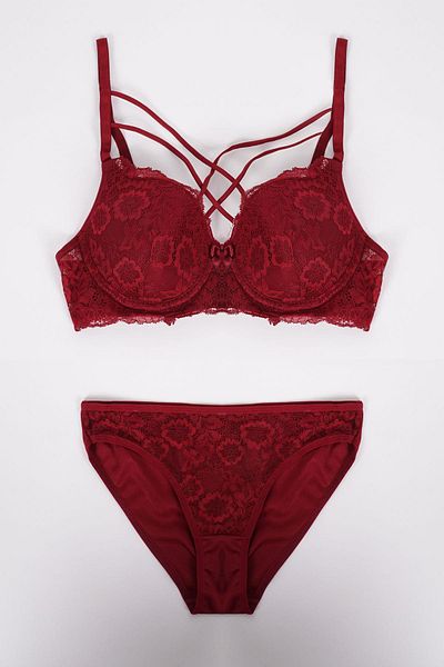 EMINNA Set de lenjerie intima din dantelă dublă încrucișată Burgundy