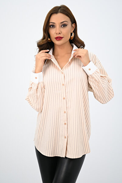 Koza Butik Kadın Rahat Kalıp Mavi Çizgili Manşetli Gömlek 1804-25