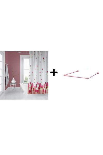 Zethome Ροζ Δώρο Κουρτίνα Μπάνιου 7017 - 1x180x200 Κρεμάστρα Γωνιακός σωλήνας