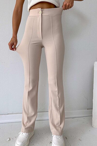 Mine Tan Butik Ψηλόμεσο Lycra Palazzo Γυναικείο Παντελόνι - Μπεζ