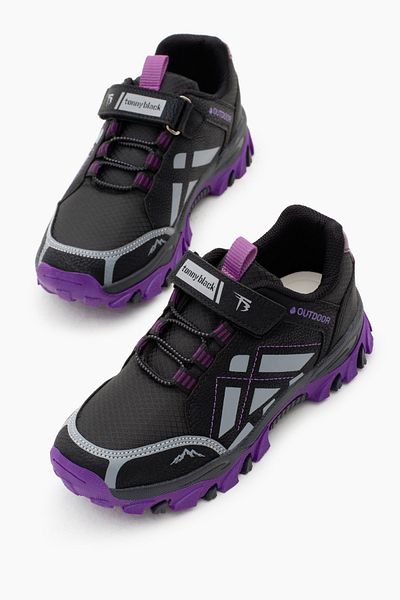 Tonny Black Unisex-Kinder-Trekkingschuhe – Schwarz Lila, Thermosohle, wasserabweisend und mit Klettverschluss