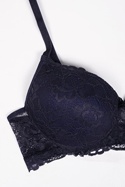 EMINNA Navy Blue Colored Lace Detailed Padded Bra and Panty Set